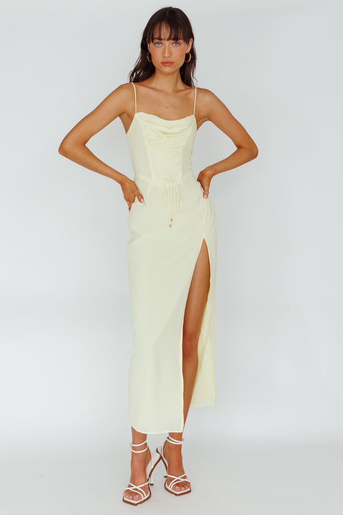 Ryanna Laced Bodice Split Midi Dress Yellow