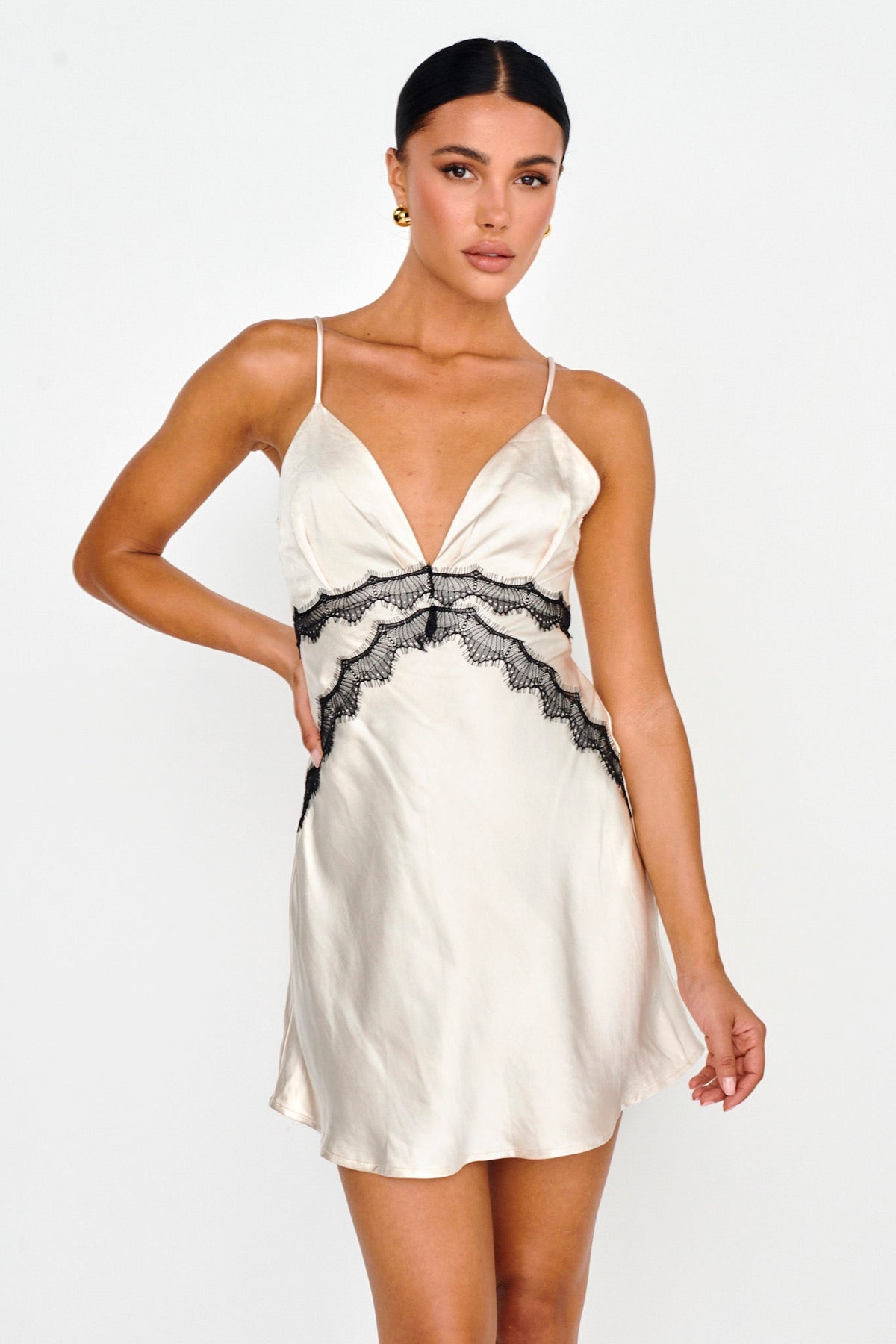 Theriz Lace Trim Cami Mini Dress Champagne