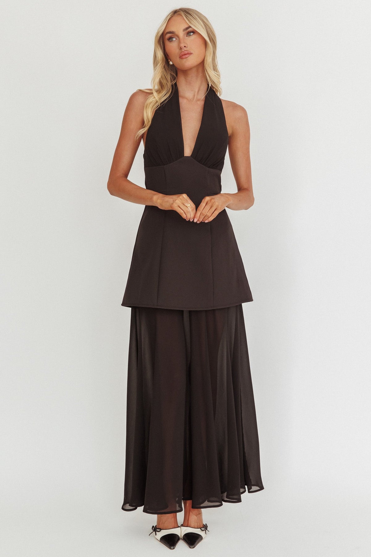 Opulent Halterneck Layered Maxi Dress Black