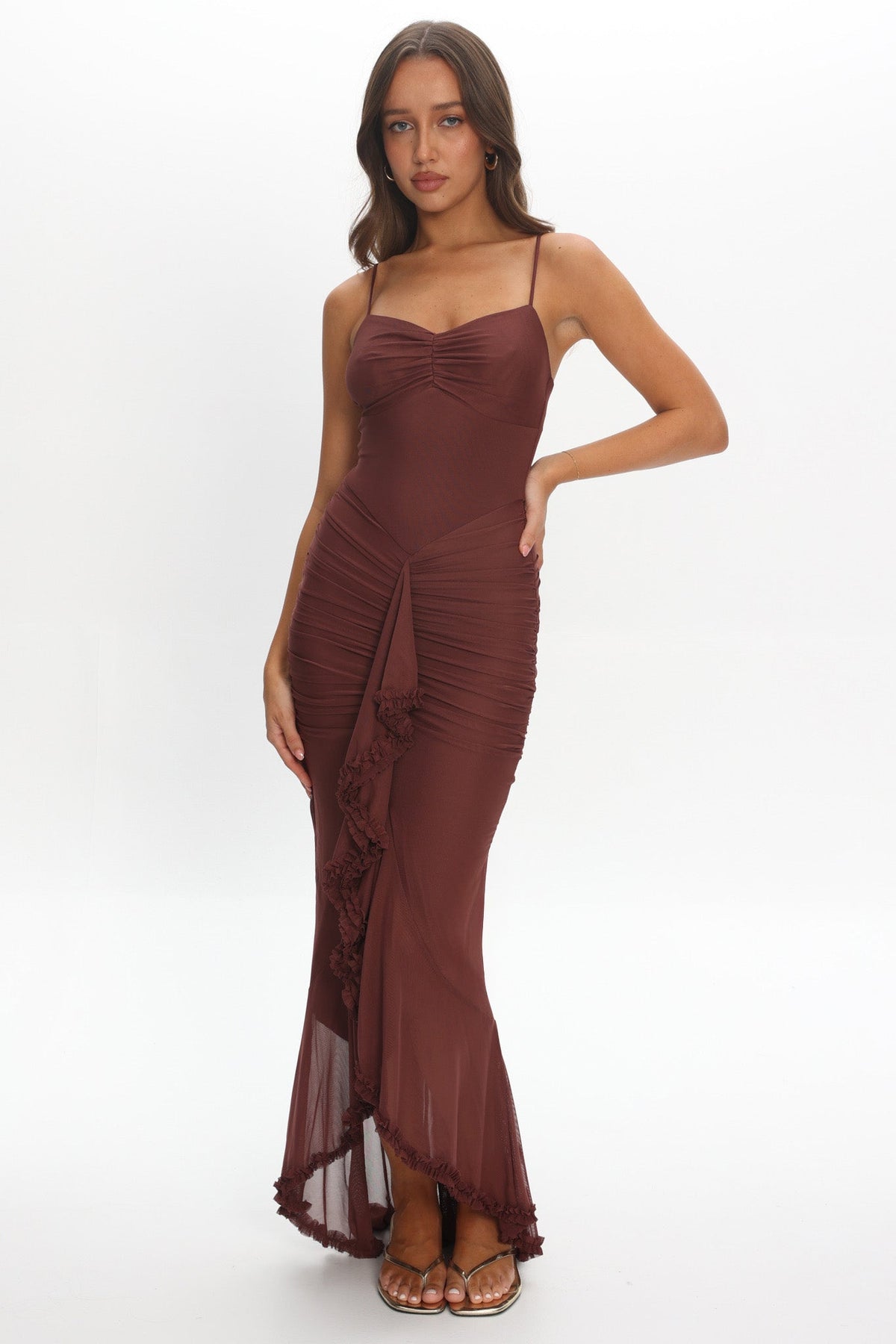 Kamilah Gathered Cascading Ruffle Midi Dress Maroon