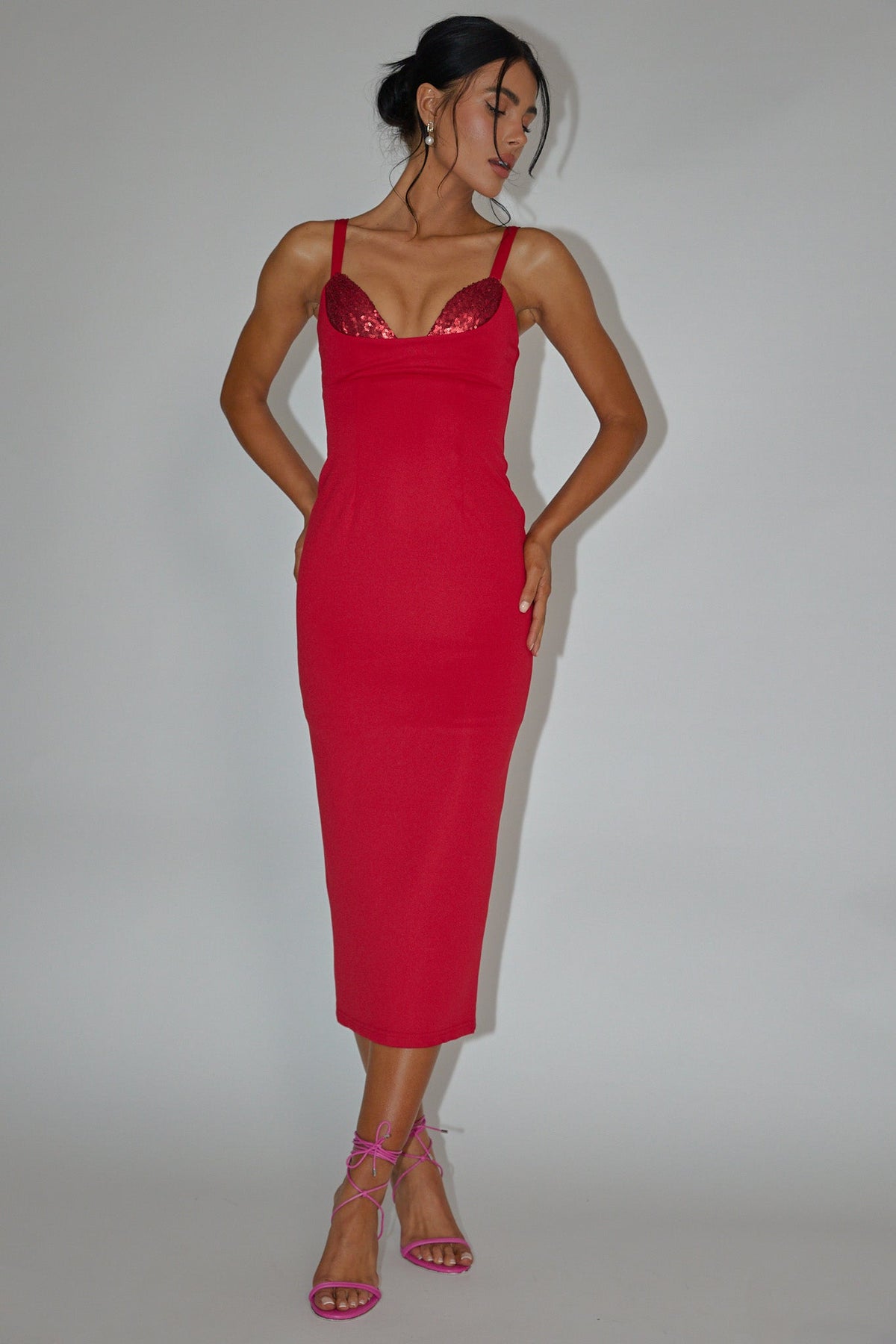 La Bellevilloise Sequin Bust Midi Dress Red