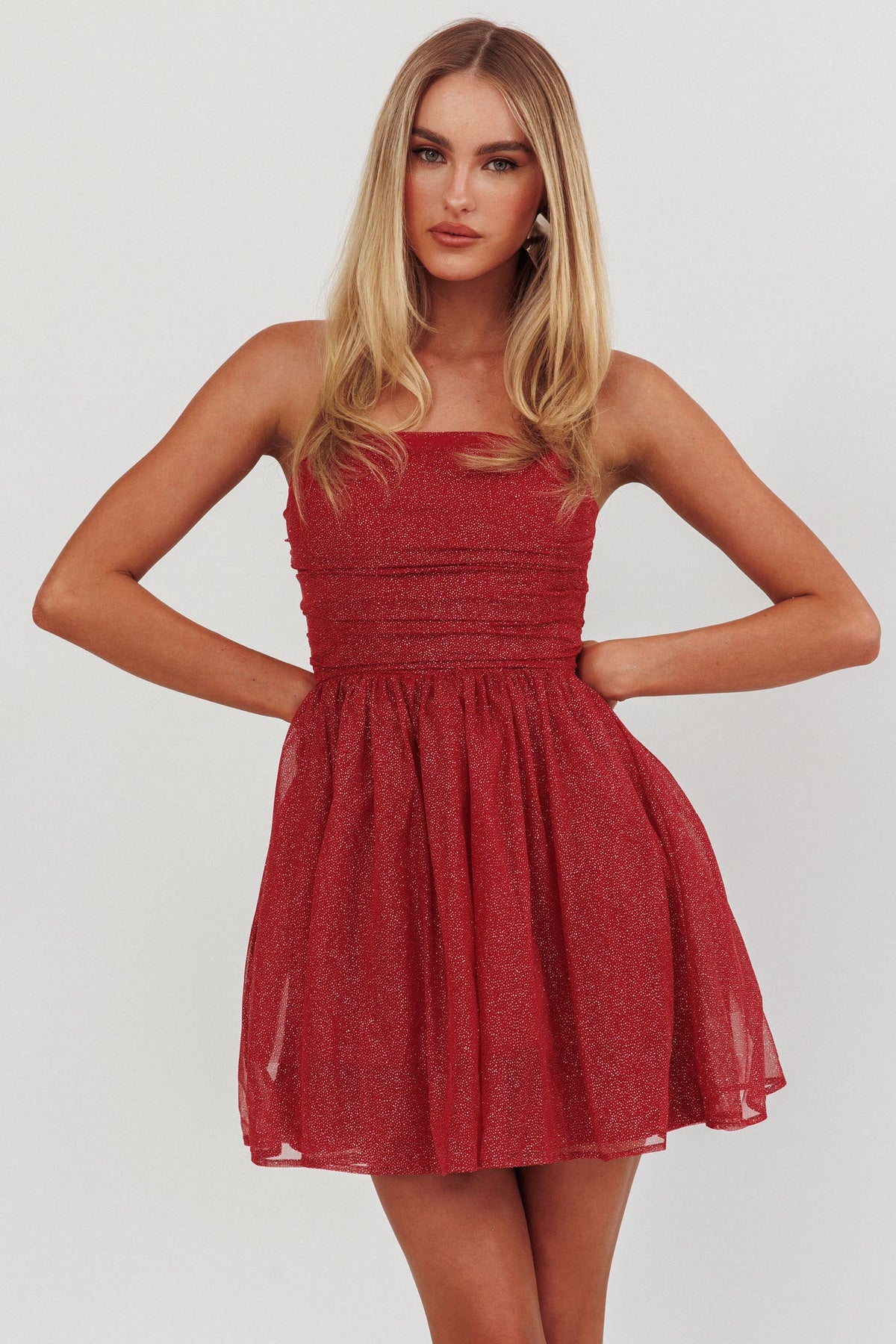 Guilty Pleasure Strapless Glitter Mini Dress Red