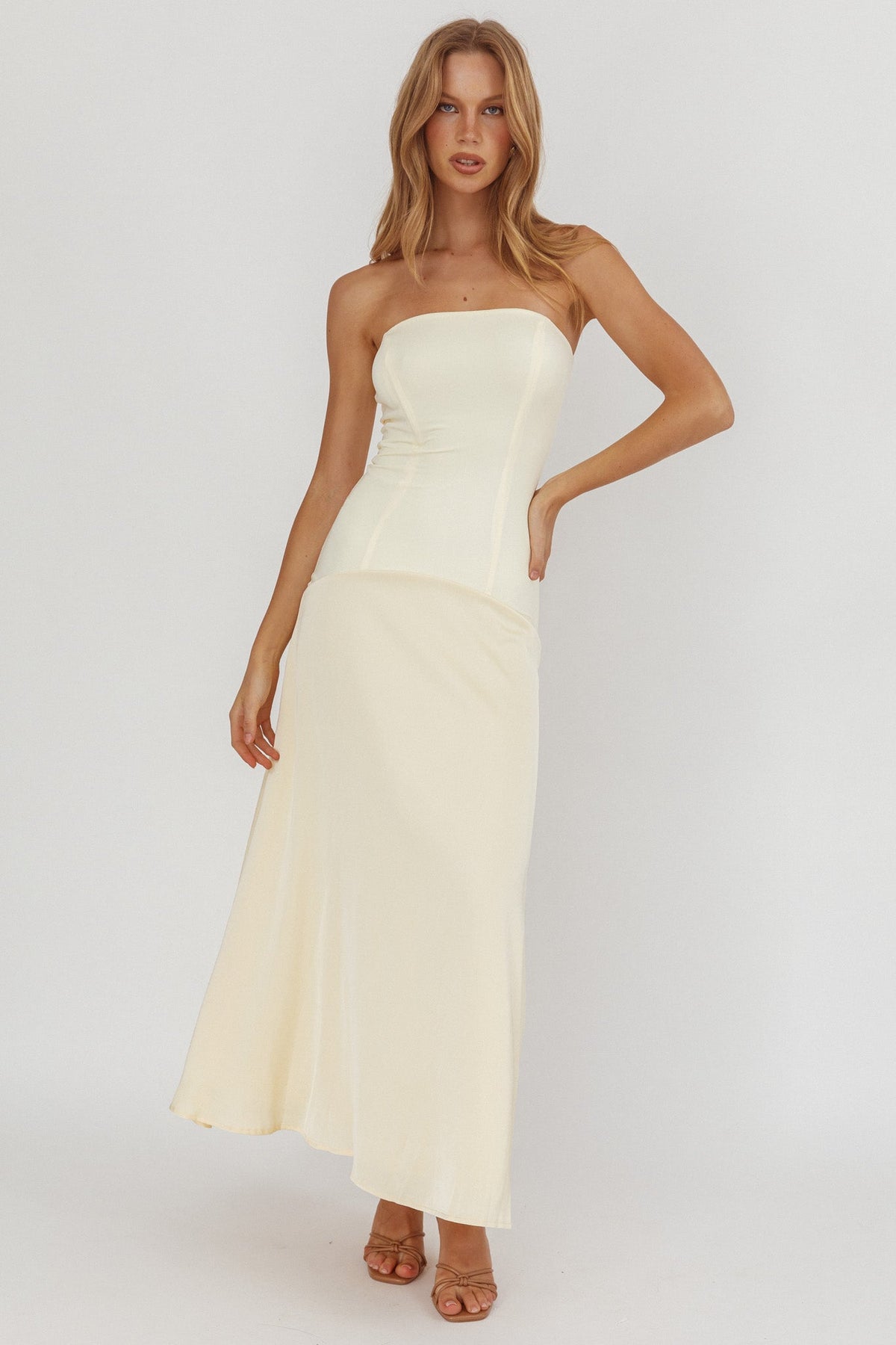 Star Avenue Strapless Drop Waist Maxi Dress Butter