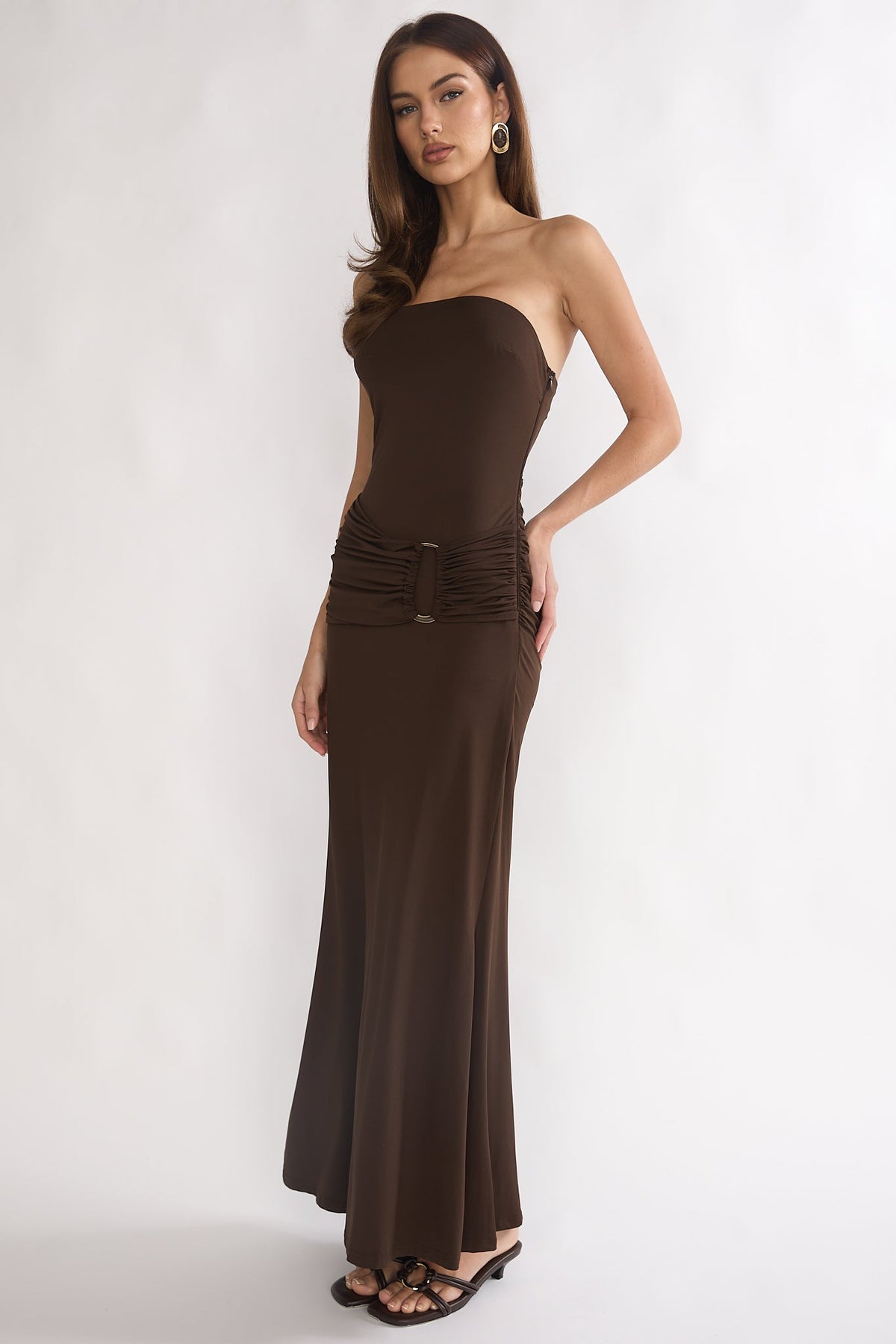 Klaudia Strapless Ruched Waist Maxi Dress Chocolate