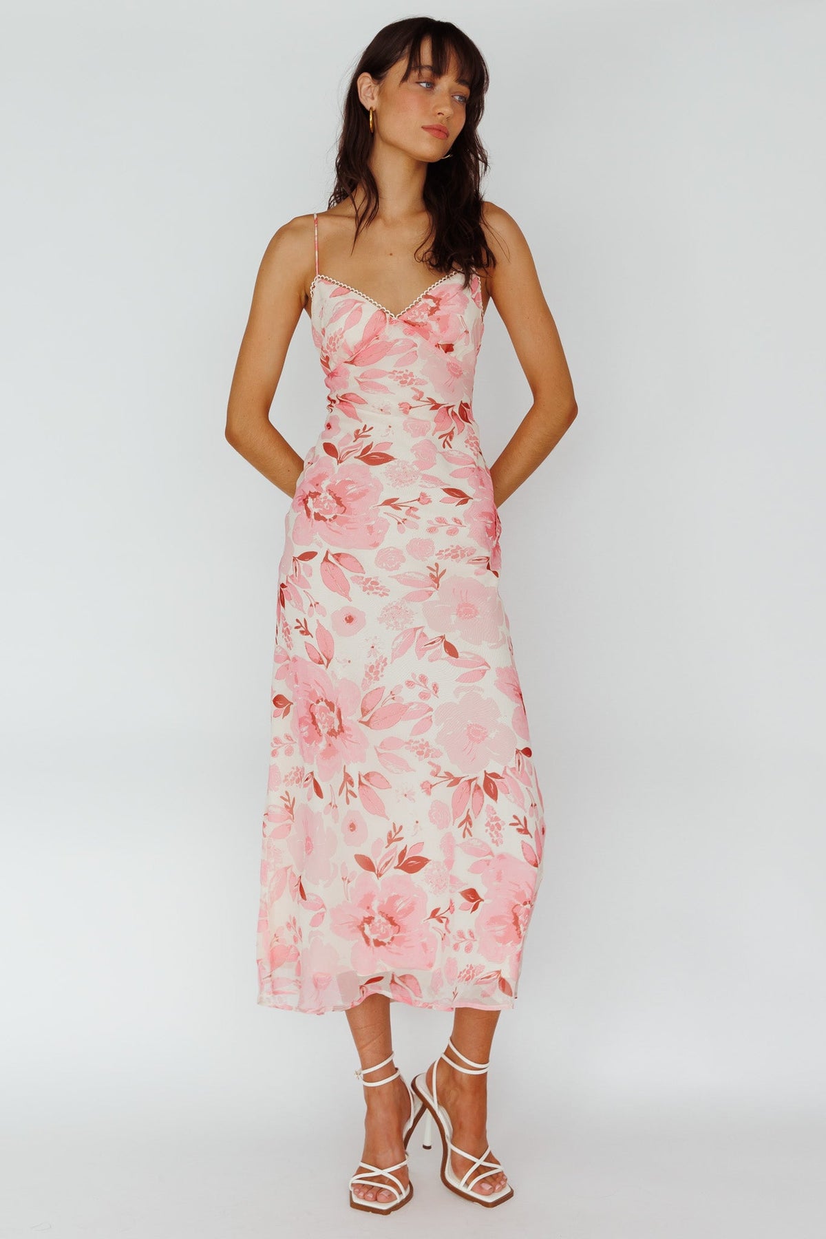 Egypt Cami Strap Midi Dress Floral Pink