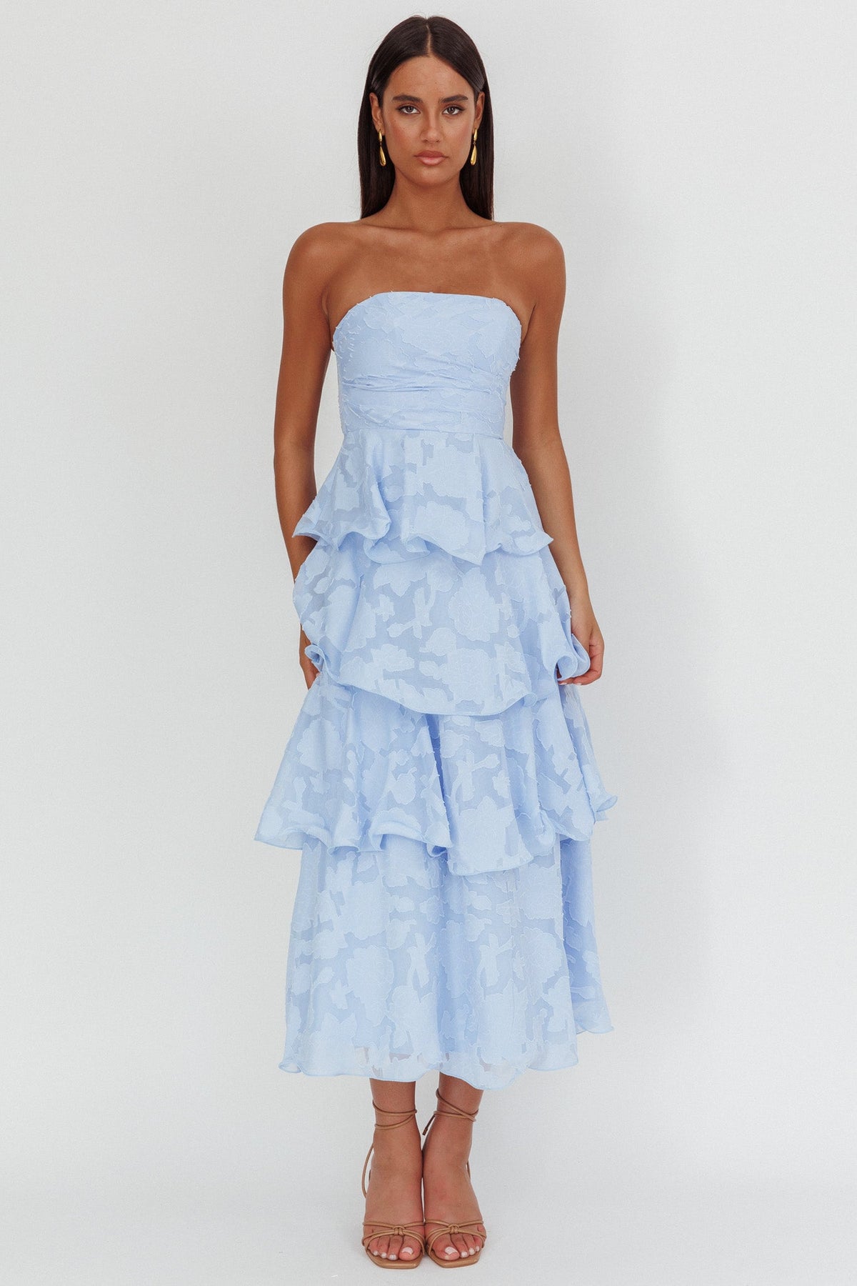 Giavana Strapless Layered Midi Dress Floral Embossed Blue