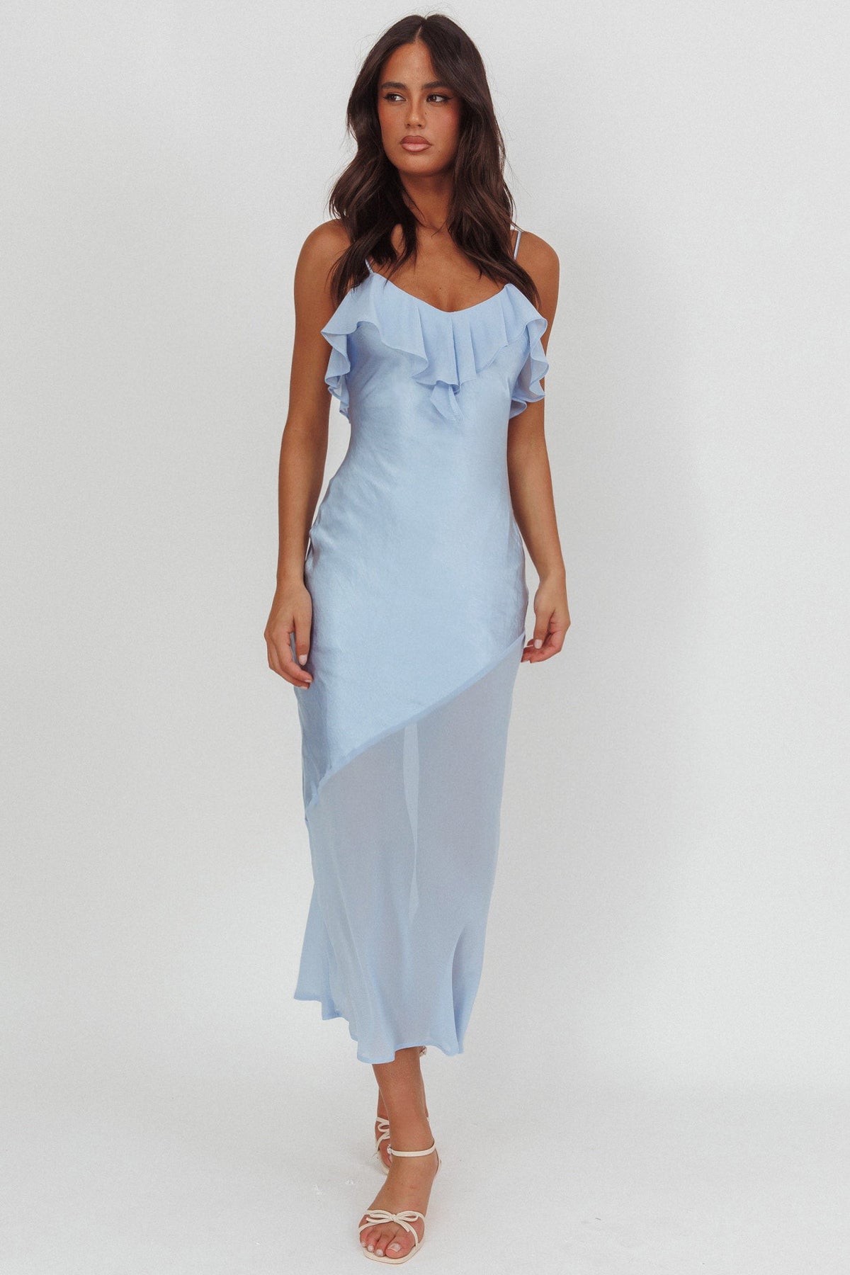 Talula Sheer Hem Ruffle Midi Dress Blue
