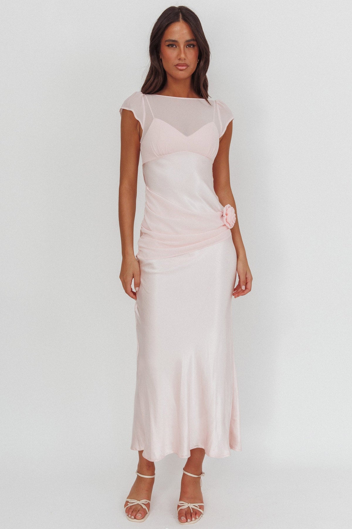 Enchanted Dusk Cap Sleeve Rosette Maxi Dress Pink
