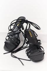 Heartbreaker Energy Lace Up Faux Leather Kitten Heels (Black)