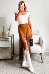 Merla Faux Suede Fringe Skirt (Camel)
