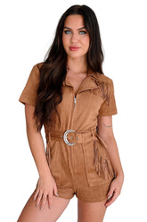 Cowboy Tales Fringe Detail Faux Suede Romper (Brown)