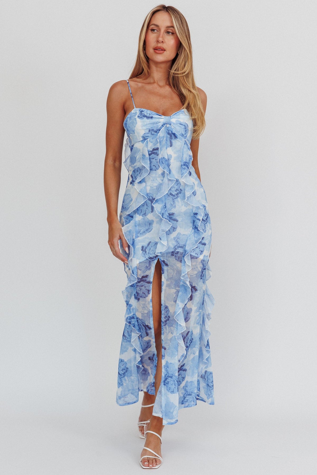 Frannie Vertical Ruffle Maxi Dress Floral Blue