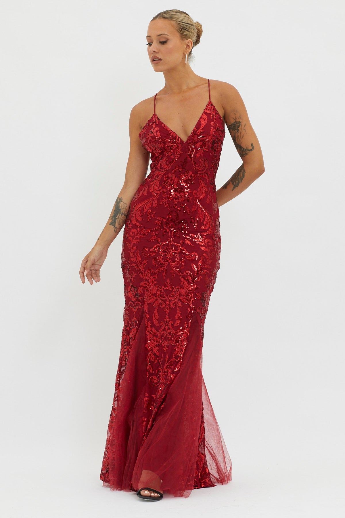 Serenade Song Godet Hem Sequin Maxi Dress Red