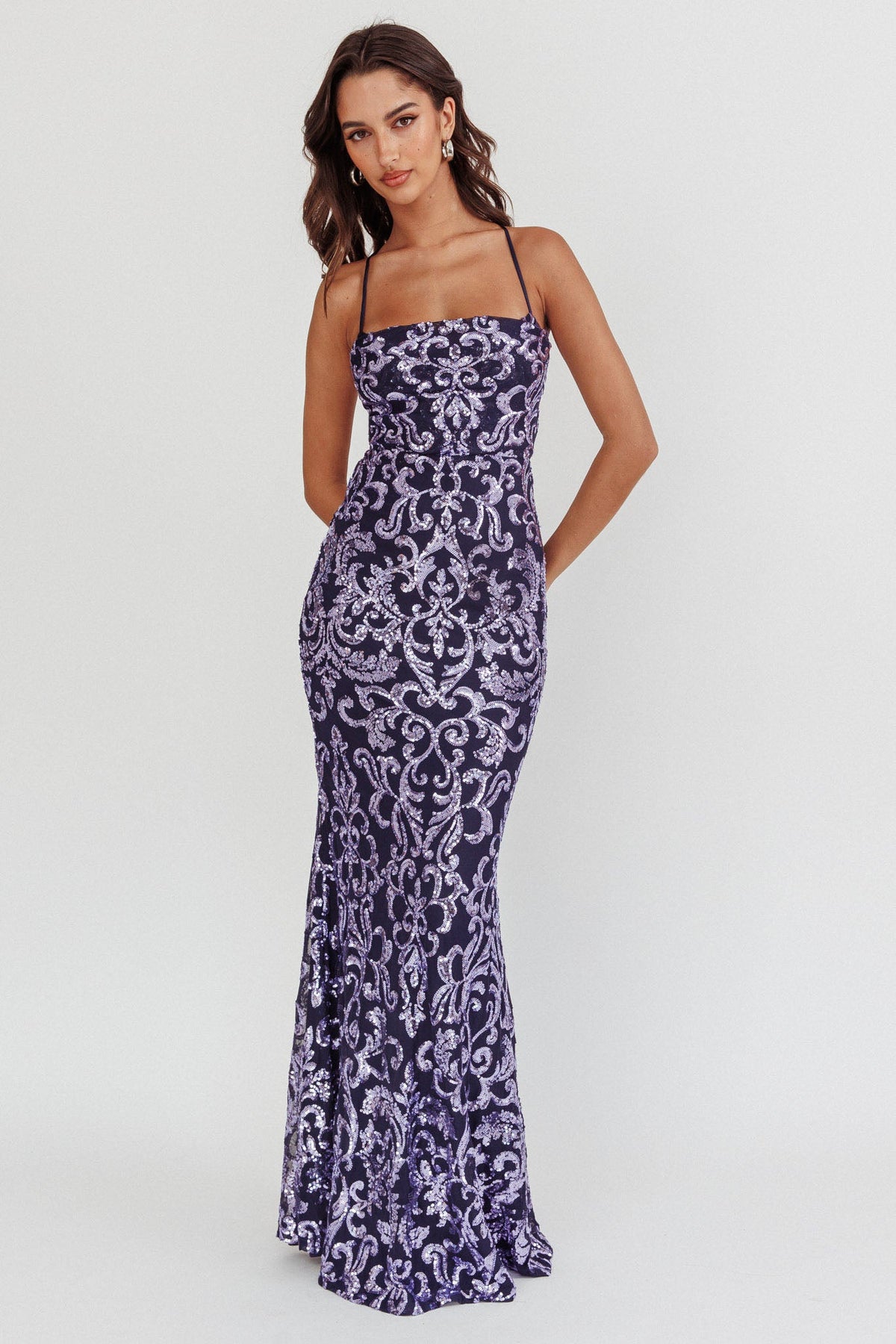 Someone New Sequin Maxi Dress Lavender/Navy