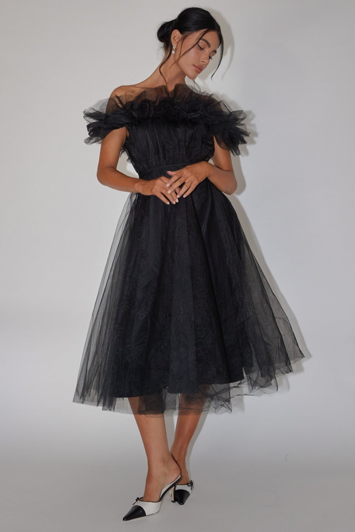 May Rose Off-Shoulder Tulle Midi Dress Black