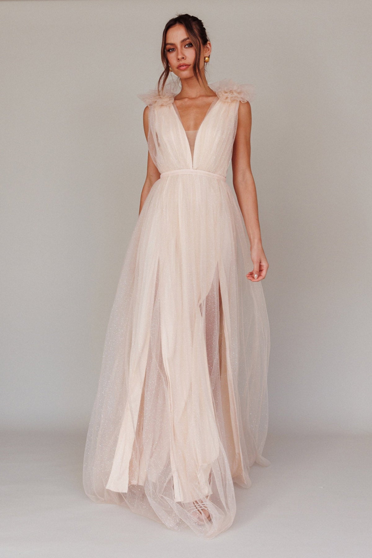 Ludivine Shoulder Accent Mesh Midi Dress Glitter Champagne