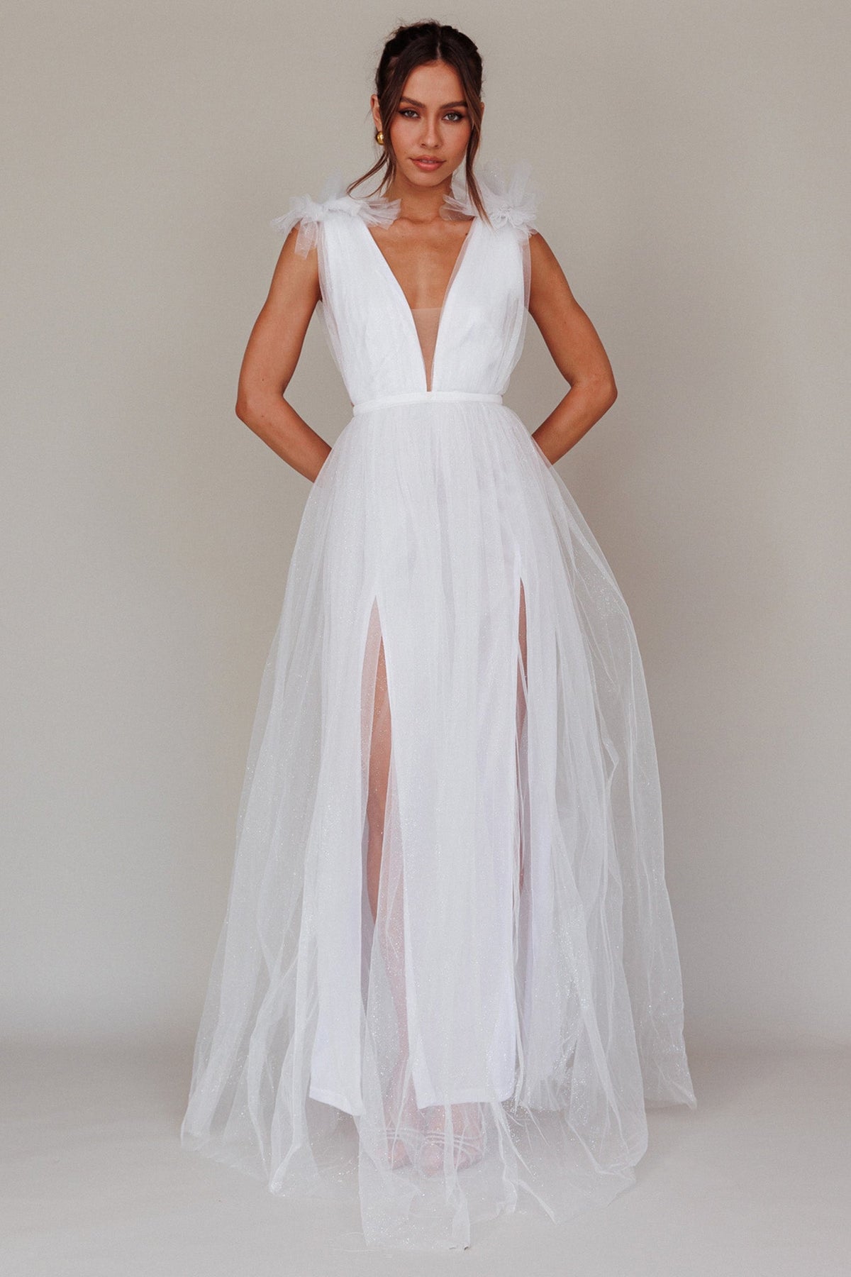 Ludivine Shoulder Accent Mesh Midi Dress Glitter White