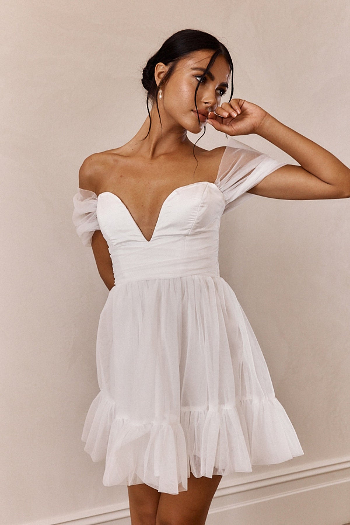 Pixi Off-Shoulder Lace-Up Back Mini Dress White