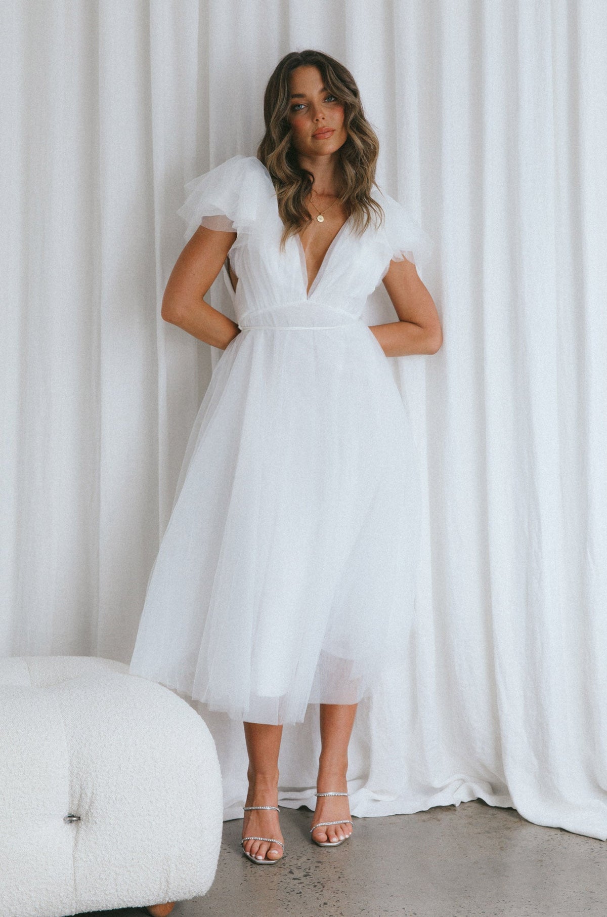 Leap Of Faith Frill Shoulder Tulle Midi Dress White