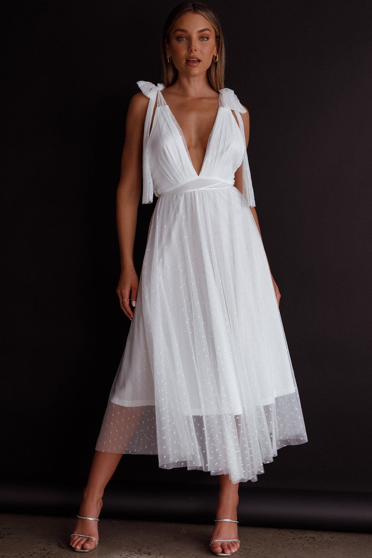 Kathryn Tied Shoulder Mesh Midi Dress White