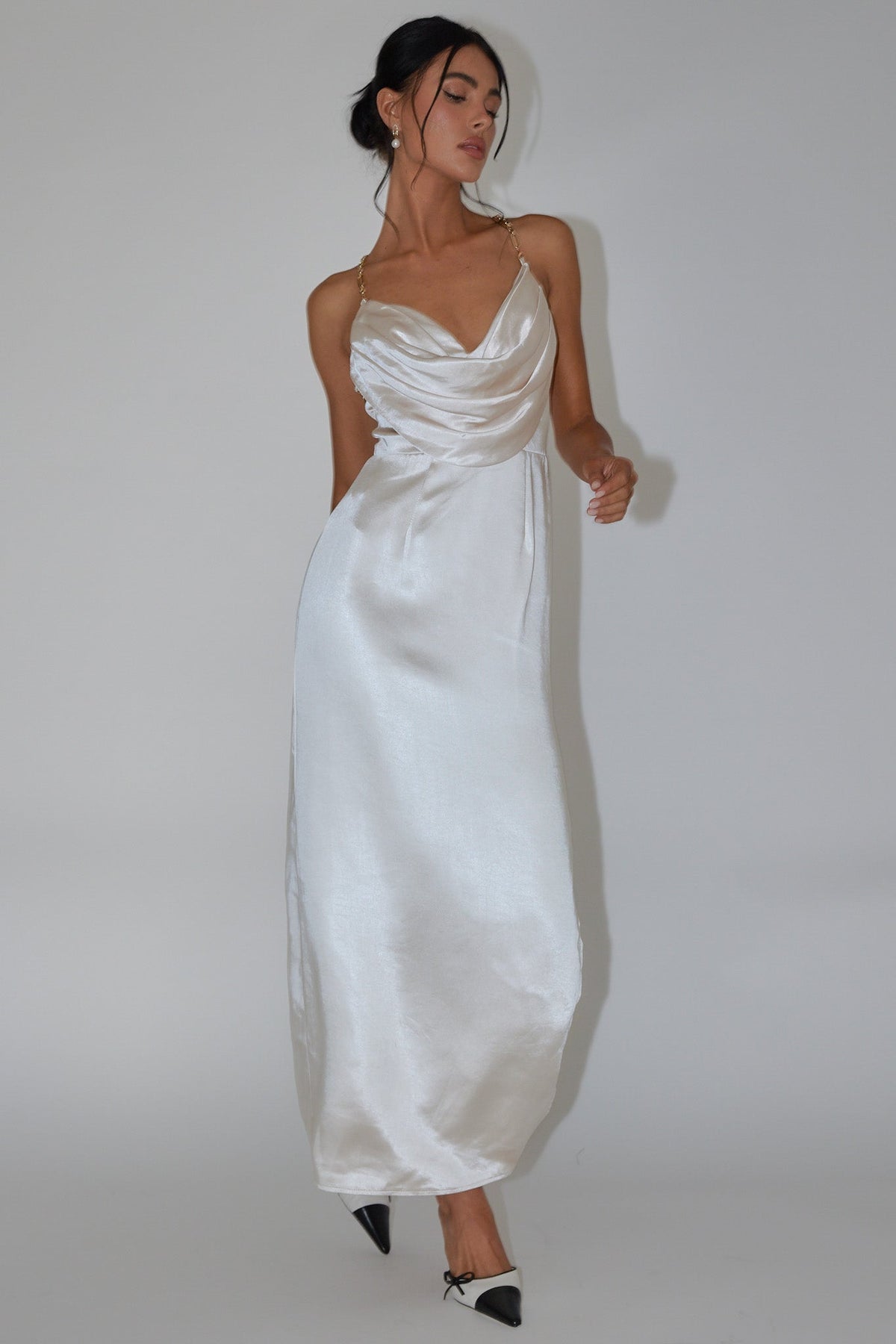 Emanuella Chain Strap Satin Midi Dress Champagne