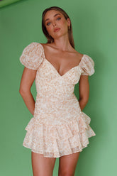 Annabella Puff Sleeve Tied Back Frill Hem Dress Floral Print Orange