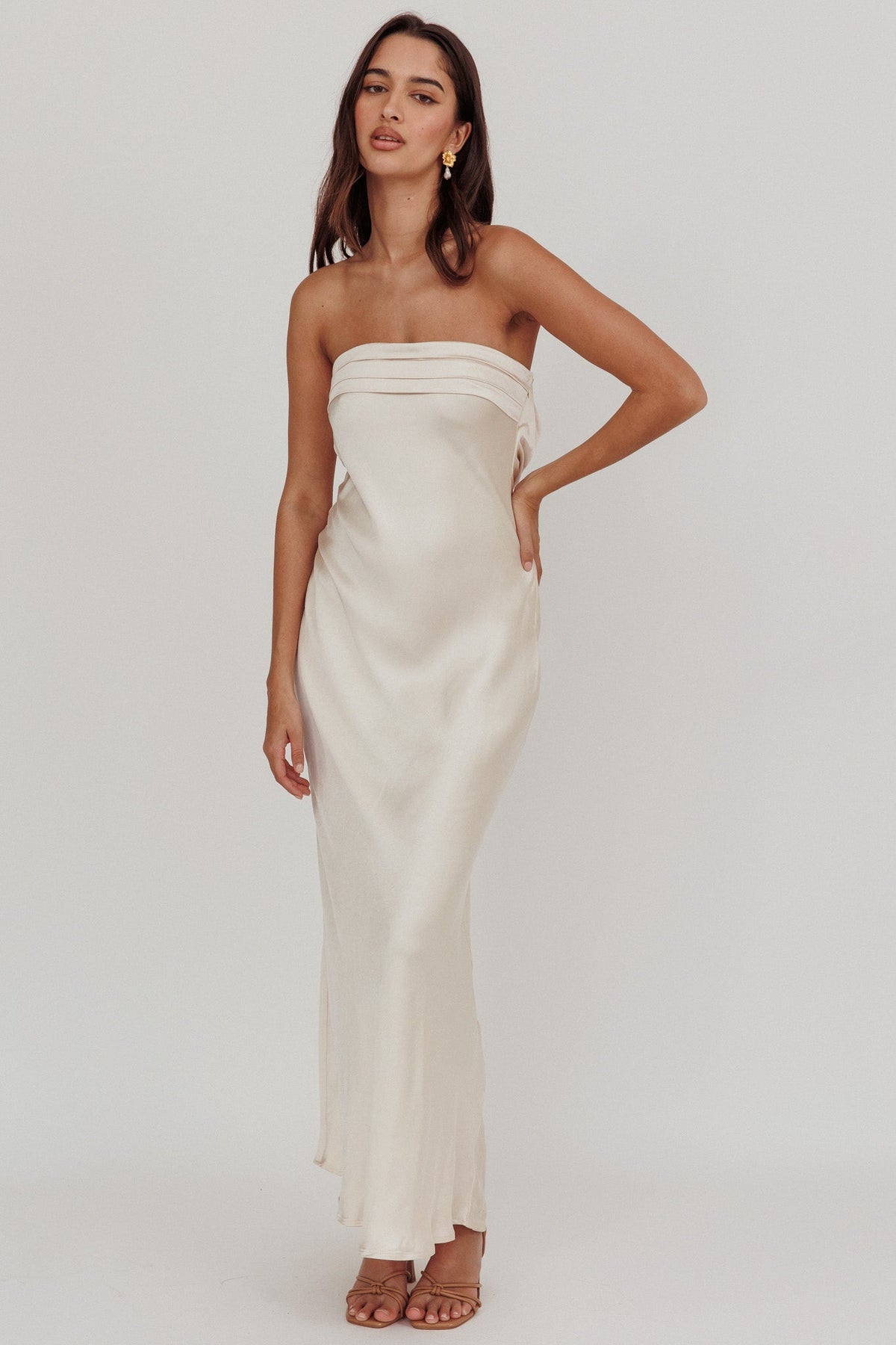 Kona Strapless Pleated Bust Satin Maxi Dress Champagne