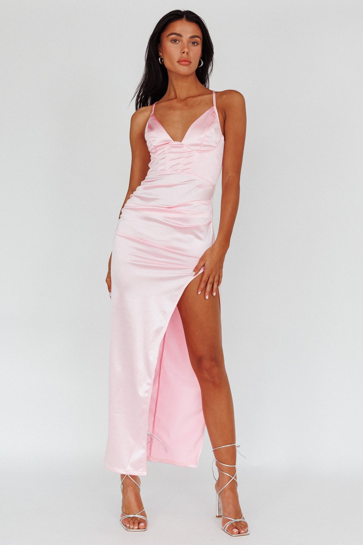 Cierra Thigh Split Maxi Dress Baby Pink