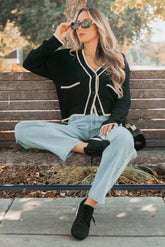Comfort Current Contrast Button-Up Cardigan (Black)