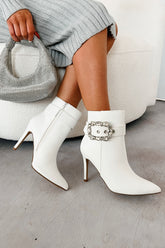 Dion Rhinestone Buckle Pointed Toe Booties (White Pu)