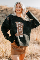 Raised On Rodeo Cowboy Boot Knit Sweater (Black)