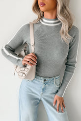 It Just Clicks Striped Mock Neck Bodysuit (H.Grey/White)