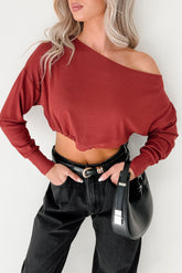 Glow Up Goals Ribbed Off The Shoulder Crop Top (Brick Red)
