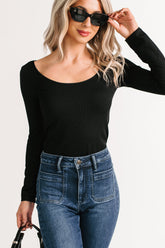 Natural Glow Scoop Neck Ribbed Top (Black)