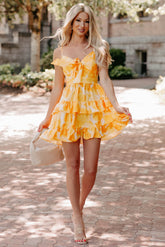 Chasing the Sun Ruffled Print Bow Tie Mini Dress (Lemon)