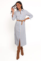 Caprice Long Sleeve Button Down Maxi Dress - Blue Stripe