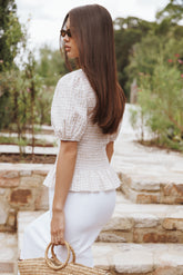 Callista Shirred Waist Top - Beige Gingham