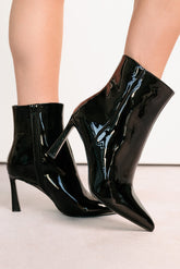 Queen Status Pointed Toe Heeled Booties (Black Patent)