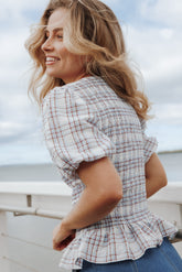 Callista Shirred Waist Top - Light Blue Plaid
