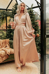 Pure Glamour Long Sleeve Satin Maxi Dress (Gold)