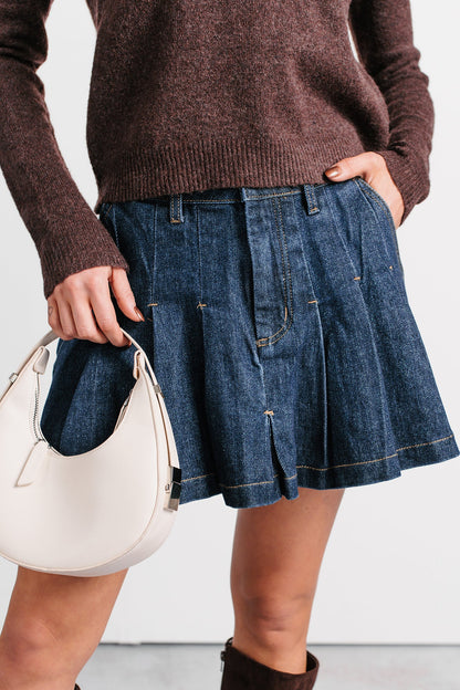 Could Be Us Pleated Glittery Denim Mini Skirt (Indigo)