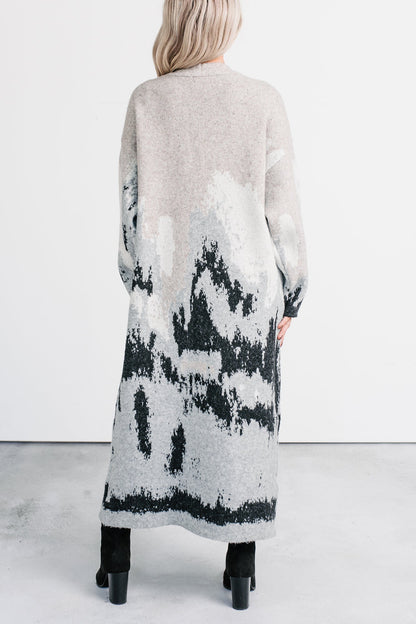 Alpine Trail Abstract Mountain Duster Cardigan (Oatmeal)