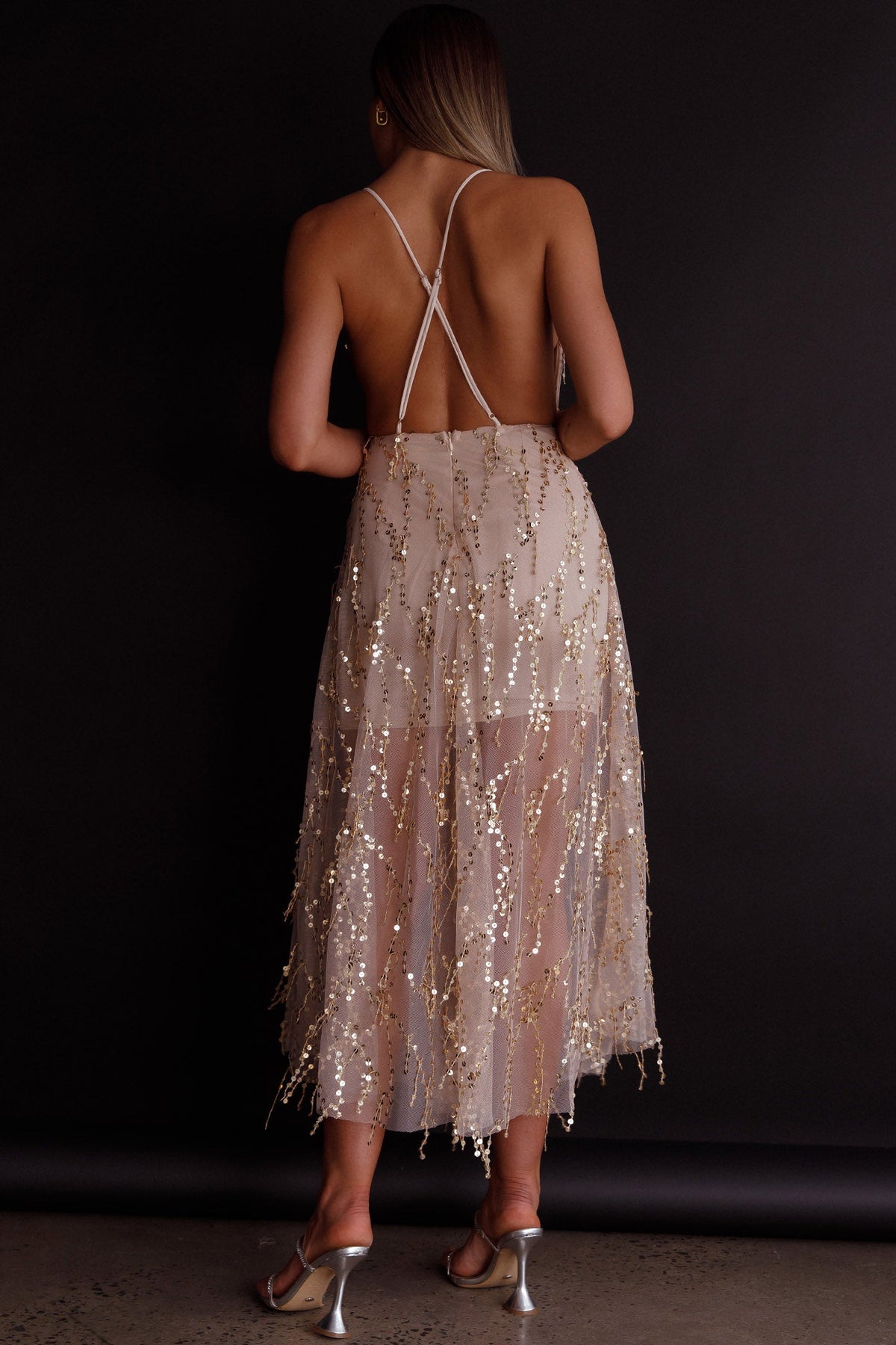 Ariana Sequin Midi Dress Beige