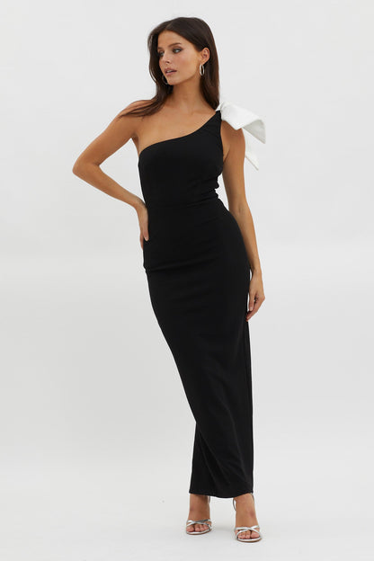 Tiffany One-Shoulder Bow Maxi Dress Black