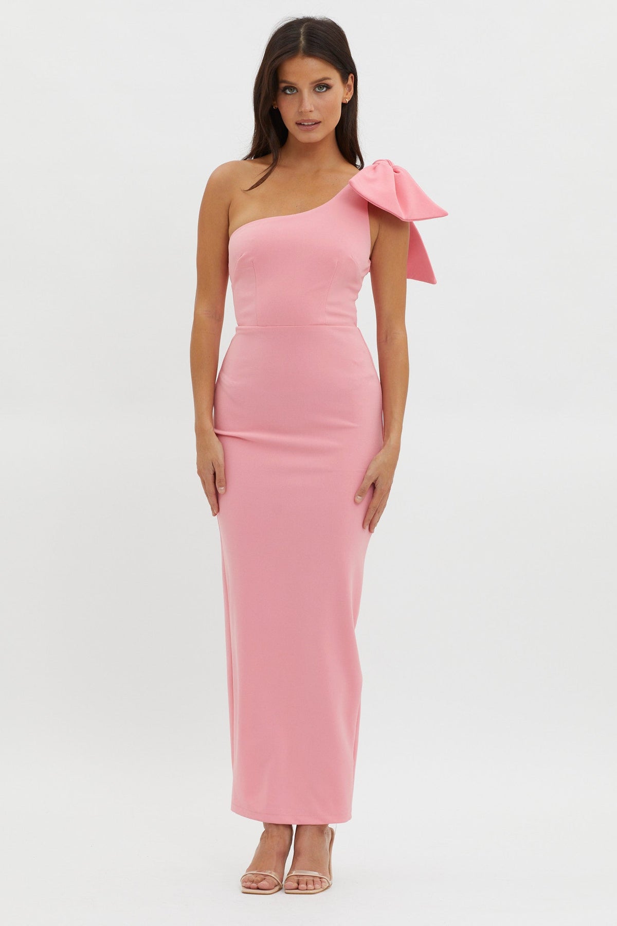 Tiffany One-Shoulder Bow Maxi Dress Pink