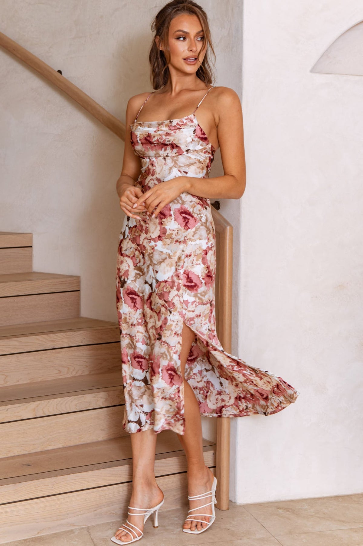 Well Versed Pleated Bust Front Split Dress Floral Abstract Print Rose
