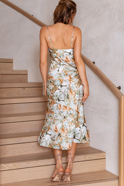 Well Versed Pleated Bust Front Split Dress Floral Abstract Print Sage