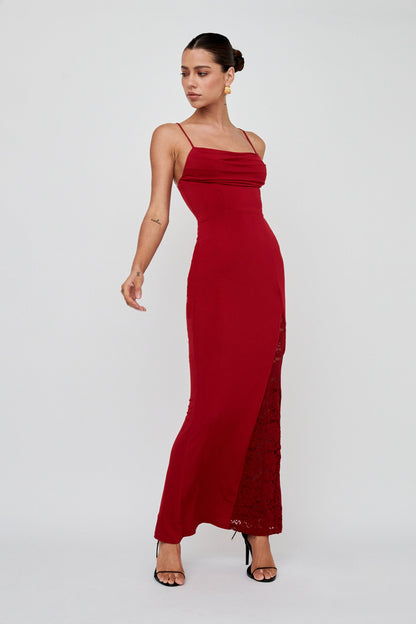 Well Versed Lace Split Maxi Dress Wine
