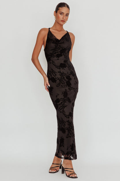 Delancy Cowl Neck Floral Maxi Dress Black
