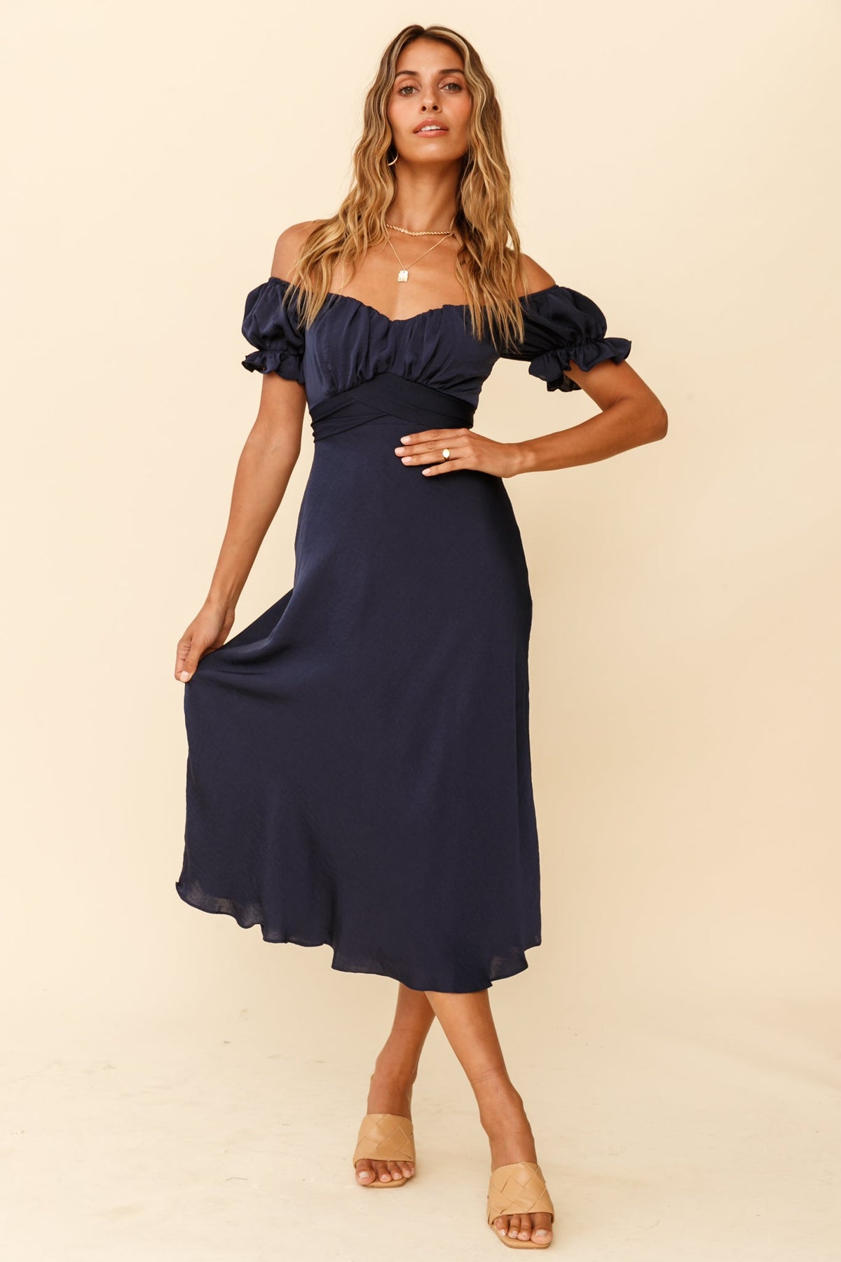 Linka Off-Shoulder Tie Back Midi Dress Navy